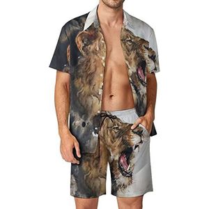 Aquarel schilderij van Leeuw Hawaiiaanse sets voor mannen Button Down korte mouwen trainingspak strand outfits 2XL