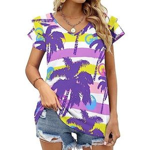 Paarse palmbomen dames casual tuniek tops ruches korte mouwen T-shirts V-hals blouse T-shirt