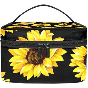 Zonnebloemen in zwarte achtergrond make-up organizer tas, reismake-up tas organizer case draagbare cosmetische tas voor vrouwen en meisjes toiletartikelen, Meerkleurig, 22.5x15x13.8cm/8.9x5.9x5.4in