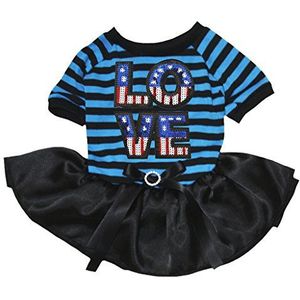 Petitebelle Puppy kleding Jurk USA LOVE Blauw Zwart Strepen Top Zwart Tutu, X-Large, Blauw