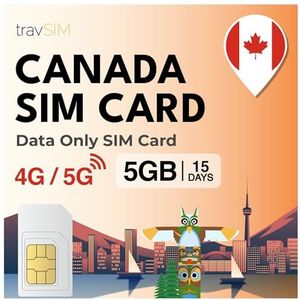 travSIM Simkaart Canada | 5 GB mobiele data met 4G/5G hoge snelheid | 15 dagen geldig | Data travel sim card Canada | Canadese prepaid reissim voor vakantiegangers en zakenreizigers