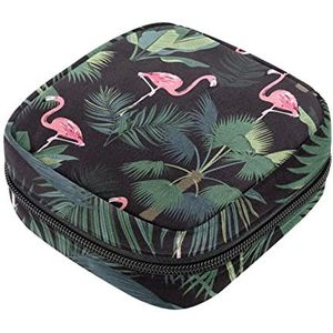 Maandverband Opbergtas, Vrouwelijke Product Pouches Draagbare Periode Kit Tas voor Meisjes Vrouwen Dames Flamingo Tropische Bladeren, Meerkleurig, 4.7x6.6x6.6 in/12x17x17 cm