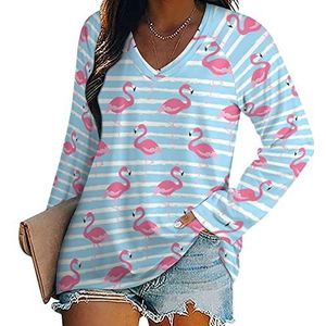 Flamingo T-shirts voor dames, lange mouwen, V-hals, herfst, tops, trui, tuniek, T-shirt voor leggings