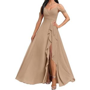 HPPEE Koude Schouder Bruidsmeisjes Jurken met Split Ruches A-lijn Chiffon Formele Avondfeestjurk, Taupe, 32