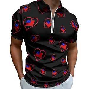 I Love Samoan Rood Hart Half Zip-up Polo Shirts Voor Mannen Slim Fit Korte Mouw T-shirt Sneldrogende Golf Tops Tees 2XL