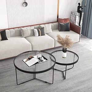 Ronde glazen salontafel set van 2, moderne lichte luxe banktafel voor woonkamer middentafel met gehard glas glad blad en stevige metalen poten, unieke theetafel voor appartement café kleine
