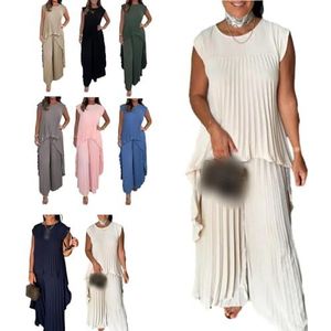 CupitiDU Geplooide korte mouw onregelmatige midi-top en elastische taille wijde pijpen broek set, zomer tweedelige sets outfits voor vrouwen uitgaan, Wit, 3XL