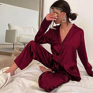 Satijnen Pyjama Dames Blauw Vrouwen Pyjama Kraag Pocket Lange Mouwen Casual Broek 2 Delige Set Nachtkleding Vrouwelijke Thuis Pak Sets Nachtkleding-Red S