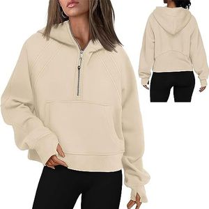 Vrouwen Cropped Hoodies Kwart Half Zip Cropped Hoodies Sweatshirts Zip Up Pullover Sweaters Duim Gat Workout Hoodie Zip Up (Color : Apricot, Size : M)