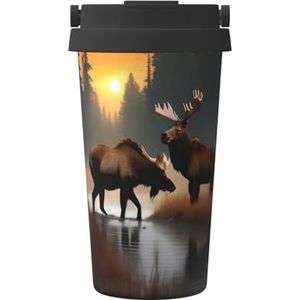 EdWal Herten beer eland print 500 ml koffiemok, geïsoleerde campingmok met deksel, reisbeker, geweldig voor elke drank