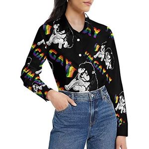 I Am Gay Pride LGBT-vlag Siberische Husky damesshirt lange mouwen button down blouse casual werk shirts tops XL