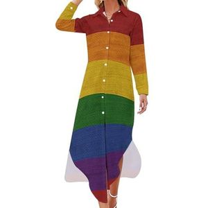 LGBT Pride Flag Maxi-jurk voor dames, lange mouwen, knoopsluiting, casual party, lange jurken, S