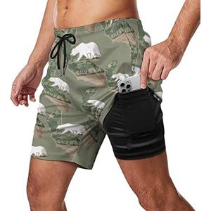 Military California Polar Bear Zwembroek voor heren, sneldrogend, 2-in-1 strandsportshorts met compressieliner en zak