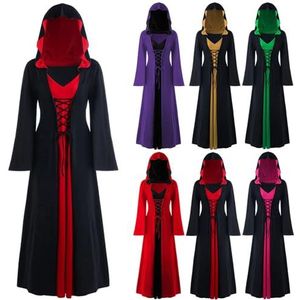Vintage heksenjurk, kerstvampierkostuum dames plus maat, renaissancekostuum dames middeleeuwse jurk gewaad met capuchon(Black,L)
