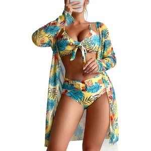 Dames 3-delige bikiniset voor dames, 3-delig badpak met coverupset, bedrukte kimono, bikinitopje, onderkant, badmode, roepingsoutfit, Geel, XL