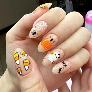 Franse kunstnagels - 24 stuks vierkante Franse nepnagels met lijm - patroon - Franse nageltips met nagellijm voor vrouwen meisjes nail art spin geest gele pompoen vleermuis