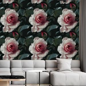 Behang Rose Donkergroen Schil en Stok Zelfklevend Behang voor Woonkamer Badkamer Slaapkamer Art Deco Muur Papier Keuken Wallpapers Verwijderbaar 40 x 120 cm/2 rol