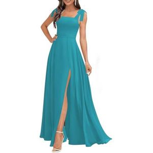 Chiffon bruidsmeisjesjurken voor dames, met spleetplooien, formele avondjurken, grote maten, Aqua Blauw, 32