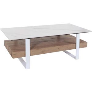 Mendler Salontafel HWC-L88, woonkamertafel, tafel, plank, ijzer, 43 x 120 x 60 cm, gesinterde steen, marmerlook, wit, hout, natuur