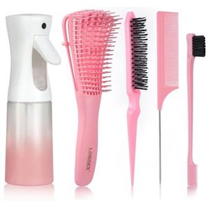LORSEX Haarborstel met 200 ml haarspuitfles, ontwarringsborstel voor natuurlijk haar voor afrohaar, 3A tot 4c, verward, golvend, krullend haar, met 3 stuks toupier borstelset, dubbele borstel (roze)