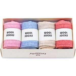 Caramella 4 paar kleurrijke wollen damessokken, dikke warme wollige wollen sokken voor de koude winterdagen, cadeau voor Pasen, eenheidsmaat, EU 36-41, wollen sokken voor dames, koraalrood, lichtroze,