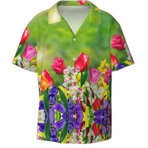TyEdee Lente bloemen print heren korte mouw jurk shirts met zak casual button down shirts business shirt, Zwart, XXL
