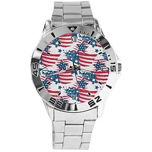 Retro Amerikaanse Vlag Mode Vrouwen Horloges Sport Horloge Voor Mannen Casual Rvs Band Analoge Quartz Horloge, Zilver, armband