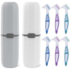 6 stuks draagbare prothese-reinigingsborstels: harde prothesenborstel prothesen dubbelzijdige borstel, tandprothesen reinigingsborstel met 2 draagtas, voor het reinigen van kunsttanden