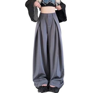 Dames Hoog Elastische Getailleerde Broek Kreukels Wijde Pijpen Losse Pasvorm Zakelijke Casual Broek met Zakken,Grijs,L