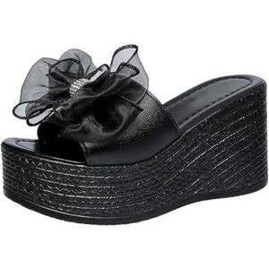 Zomer Slippers Met Sleehak Elegante Damesslippers Met Strikken + Strass Peep Toe PU-leren Pantoffels 2024 Nieuwe Platform Sandalen Vrijetijdsstrandschoenen (Color : Black, Size : 36 EU)