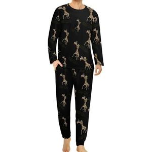 Giraffe Knoop Comfortabele Heren Pyjama Set Ronde Hals Lange Mouw Loungewear met Zakken 3XL