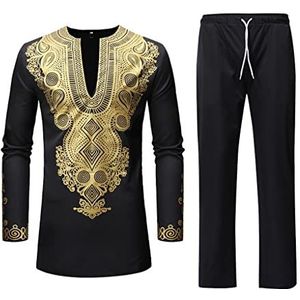 2-delige Set Heren Afrikaans Goud Bedrukte Dashiki en Broek Formeel pak Shirt Met Lange Mouwen Traditionele Outfits Tops Kleding (Color : Black, Size : L)