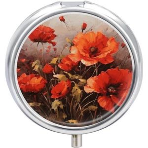 Olieverfschilderij Rode Bloem Ronde Pillendoos Reizen Draagbare Pillendoos 23 Compartiment Geneeskunde Metalen Tablet Vitamine Houder Organizer voor Portemonnee Pocket