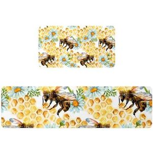 VAPOKF Keukenmat, 2 stuks, aquarel bijen, bloemen en honingraten, antislip wasbaar vloertapijt, absorberende keukenmat loper tapijt voor keuken, hal, wasruimte