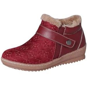 Zyerern Fleece Gevoerde Laarzen voor Vrouwen Retro Nieuwigheid Ronde Neus Waterdicht Warm Faux Pluche Mid Hak Mid Kuit Laarzen, JH18, Rood, 5 UK Wide