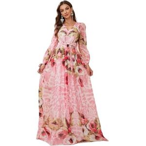 jurken voor dames Maxi-jurk van chiffon met gemengde print en lantaarnmouwen(Color:Baby Pink,Size:Small)