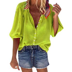 Kanpola Vrijetijdshemd voor dames, lange mouwen, V-hals, blouse met lange mouwen en knoopsluiting, effen, basic top, groen, 40