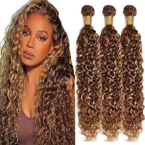 Tuheerst Water Wave Human Hair Bundles Blonde Real Hair Human Hair Extensions Sew in Hair Extension 3 Bundles P427 Highlight Double Weft Remy Hair Low Shedding 12 12 12 Inch