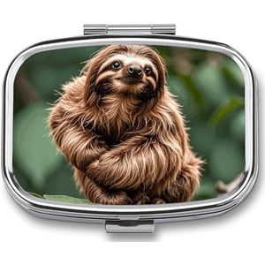 Bruine luiaard pillendoos, 2 compartimenten geneeskunde pillenetui, draagbare pillenorganisator voor zak of portemonnee decoratieve metalen geneeskunde vitamine organizer