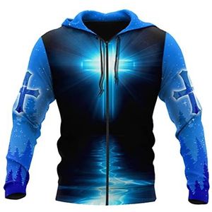 JJLLAZAD Christian Unisex Hoodie, God Jesus 3D Print Volledige Zip Casual Losse Sweatshirt Herfst Lange Mouw Kruis Harajuku Jas, Cross Blue Zip Hoodie, 3XL