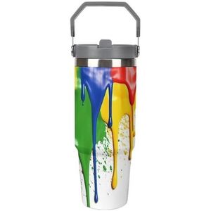 30 oz roestvrij staal geïsoleerde beker met klapdeksel en rietje, lekvrije reismok voor auto, verfspatterachtergrond, dubbelwandige vacuüm thermische koffiekop met handvat, morsbestendig ontwerp voor