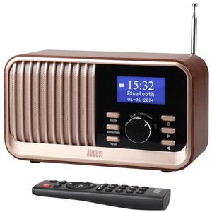 August MB450K -Oplaadbare DAB+/FM-radio Dubbele wekker - draagbare keukenradio met 60 voorkeurszenders Bluetooth 5.3 speakers Houten behuizing, USB/AUX/MicroSD, tot 18 uur werktijd, afstandsbediening