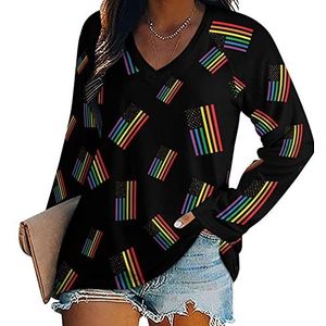 Regenboog Amerikaanse Vlag LGBT Gay Pride Dames Lange Mouw V-hals T-shirts Herfst Tops Trui Tuniek Tee voor Leggings