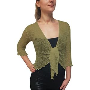 Mimosa Dames Gehaakte Bolero Glitter of Plain Super Stretchy Lace Fish Net Tie in Taille Bolero Open Vest Past UK 6-28, Taupe, Eén Maat