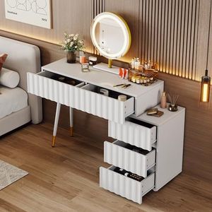 YuQozii Make-uptafel met verlichte spiegel, kaptafel - witte make-uptafelset voor slaapkamer met 5 ruime laden, 100 x 40 x 127 cm (zonder kruk)