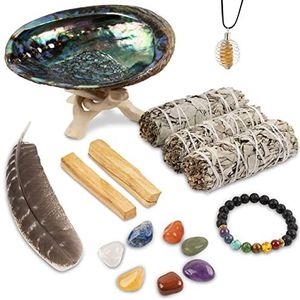 Wish Well Sage Smudge Kit - 3 witte salie smudge sticks, 2 Palo Santo Sticks, Abalone Shell, statief, veegveer, 7 chakra stenen (mudge kit met chakra stenen)