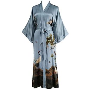 Ledamon Lange kimono badjas van 100% zijde voor dames - klassieke kleuren en prints, blauw en grijs., Eén maat