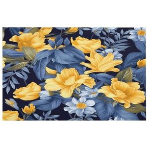 Absorberende badkamermat, blauwe basis, geel badtapijt met bloemenprint, zacht microvezel badtapijt, wasbare badmat voor entree, slaapkamer, balkon