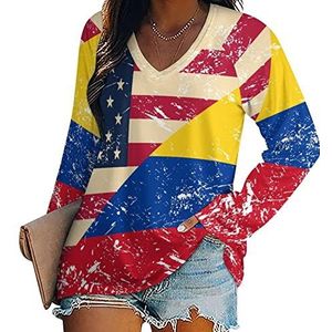 Amerikaanse en Columbia Retro Vlag Nieuwigheid Dames Blouse Tops V-hals Tshirt Voor Legging Lange Mouw Casual Trui