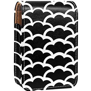 Draagbare Lipstick Case voor op reis, Mini Lipstick Opbergdoos met spiegel voor dames dames, Lederen cosmetische etui Zwart en wit Japans Wave Motief, Meerkleurig, 9.5x2x7 cm/3.7x0.8x2.7 in